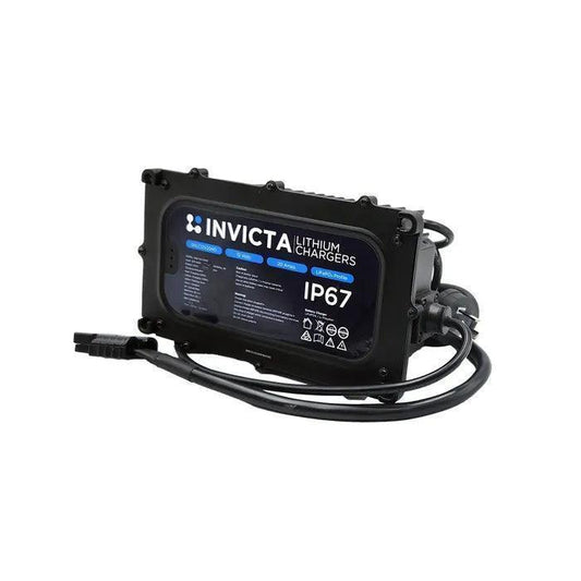 Invicta IP67 12V lithium battery charger with durable black casing and cables, ideal for off-grid vehicle accessories.