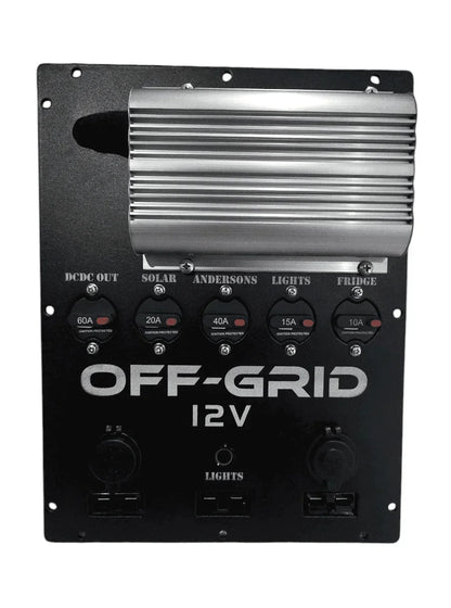 Off-Grid 12V power panel with multiple fuse ports for vehicle accessories and solar charging