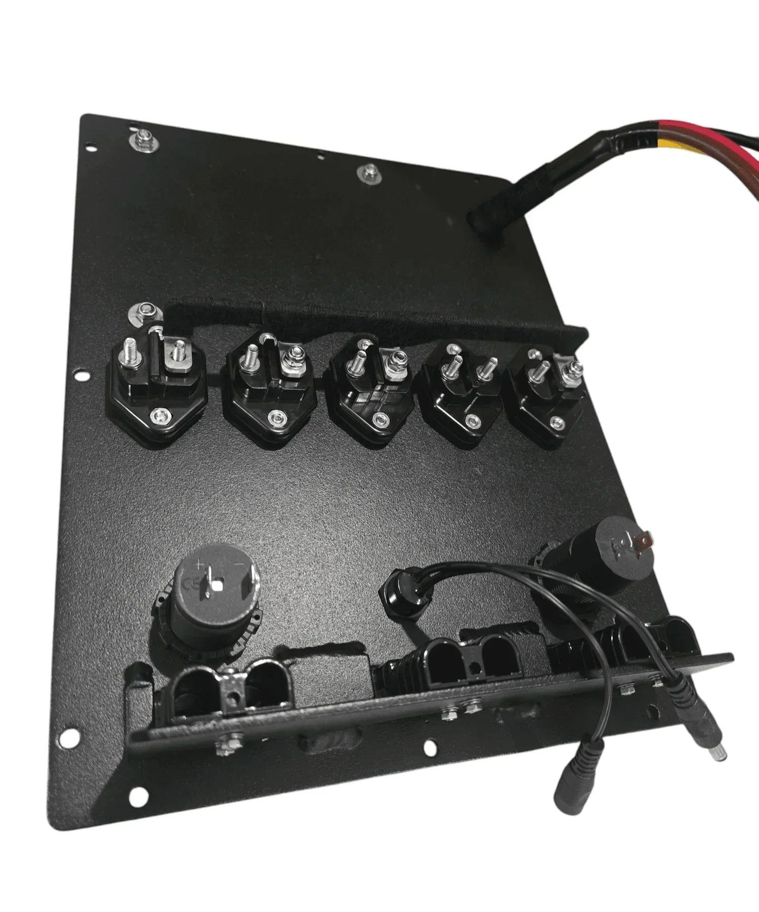 12V off-grid accessory panel with multiple connectors and wiring for vehicle applications