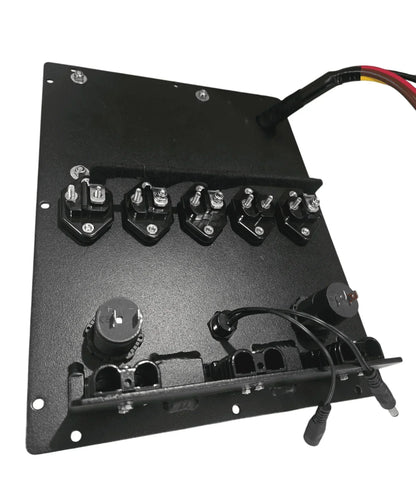 12V off-grid accessory panel with multiple connectors and wiring for vehicle applications