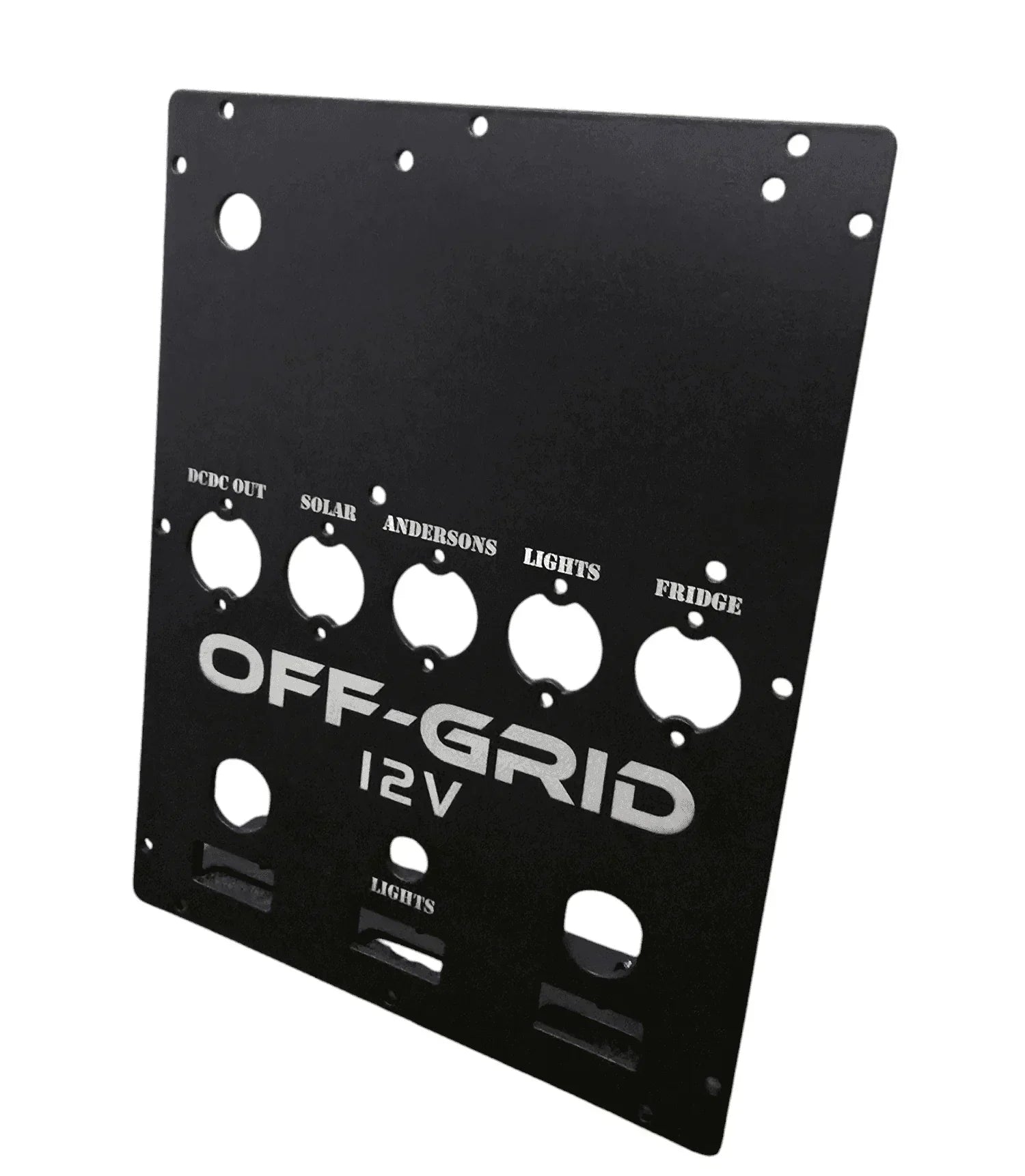 Off-Grid 12V black panel mounting plate for solar, lights, fridge, and vehicle accessories