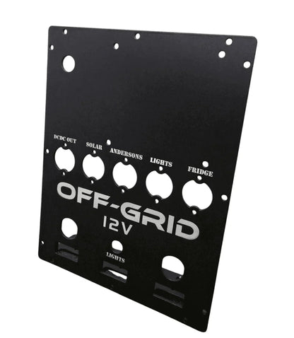 Off-Grid 12V black panel mounting plate for solar, lights, fridge, and vehicle accessories