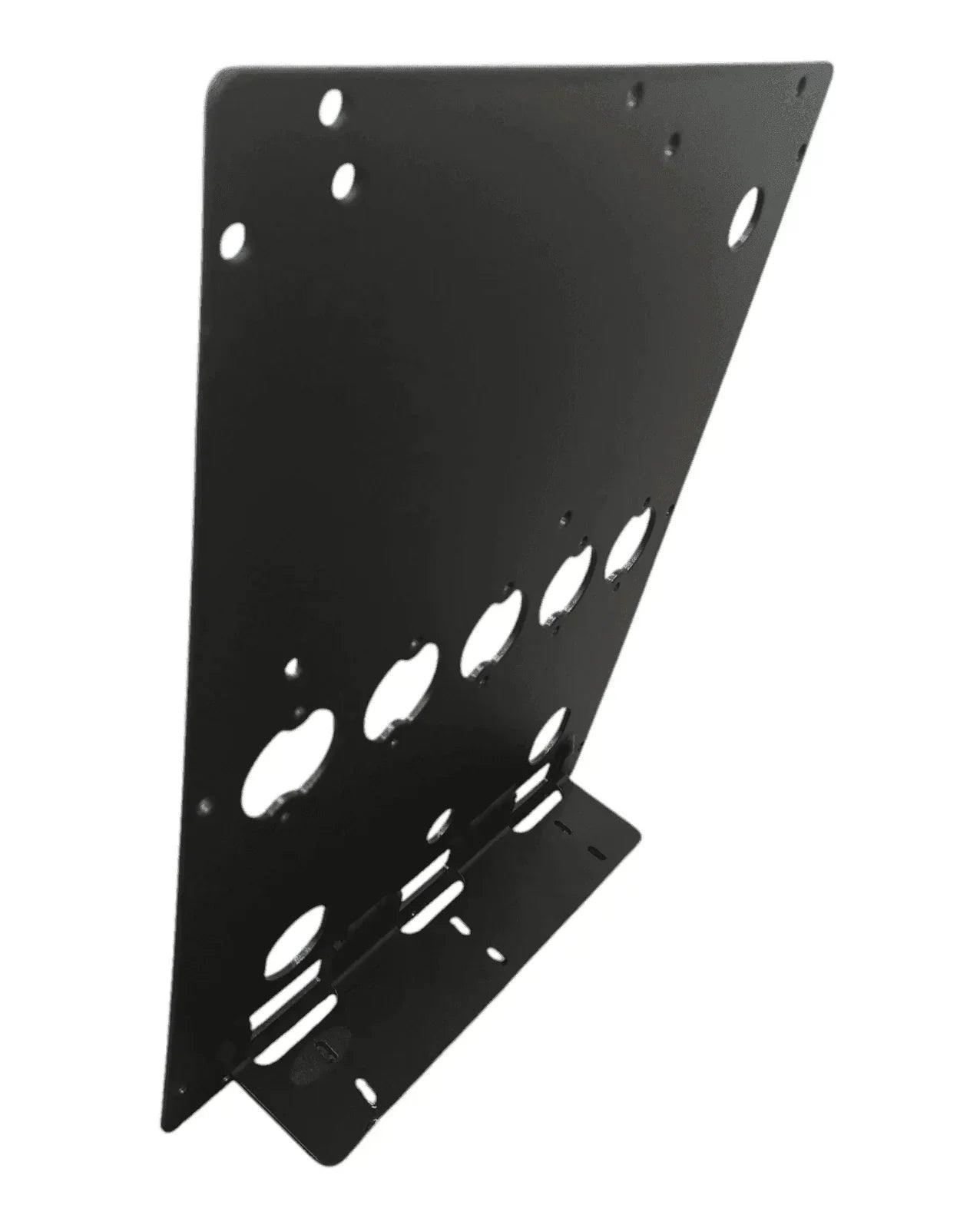 Black metal 12V accessory mounting bracket with multiple cutouts for off-grid vehicle setups
