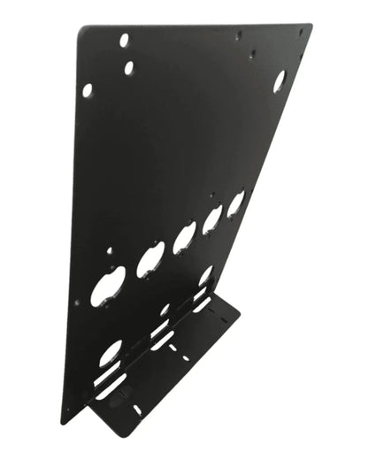 Black metal 12V accessory mounting bracket with multiple cutouts for off-grid vehicle setups