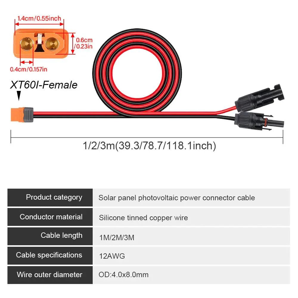 Solar Connector to XT60I- F Adapter 12AWG Cable Connect Solar Panel Charge Cable 1/2/3M for Generator Portable Power Station Solar Cable