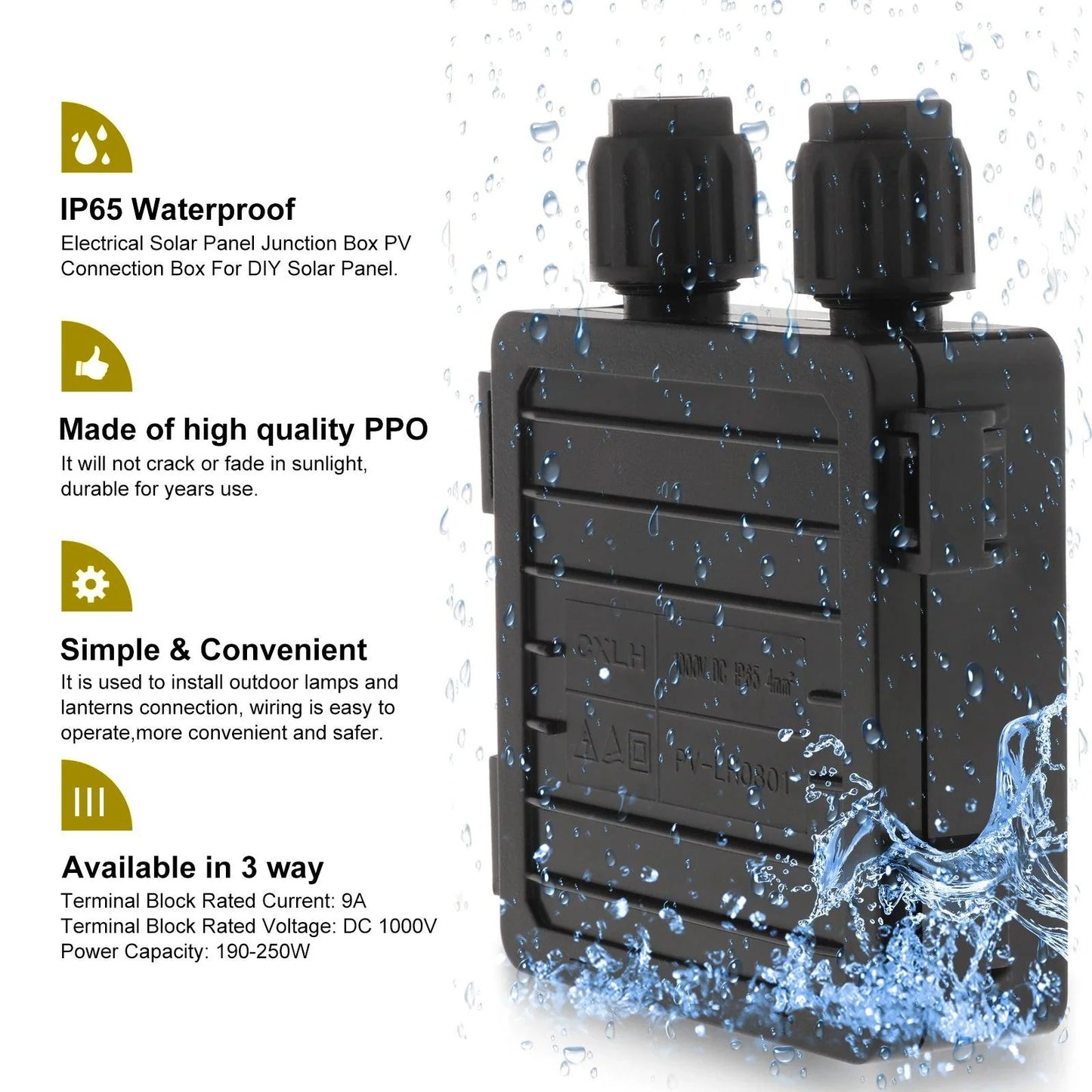 Solar Junction Box PV Connector with 2 Diodes for Panel 50W-170W 6A Solar Junction Box